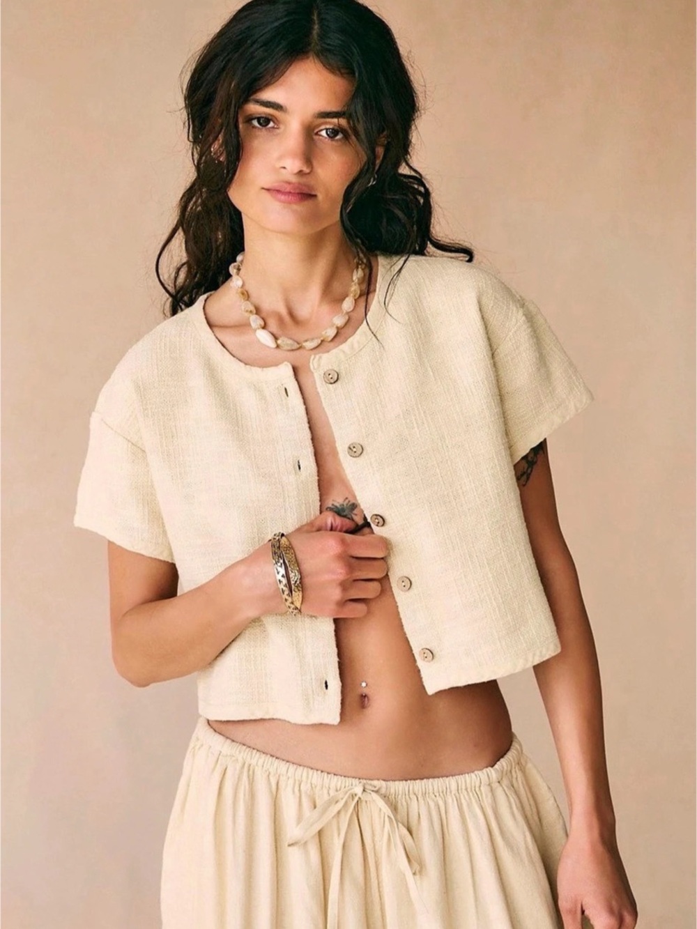 Free People Cropped Button Front Top in Cream Size XS